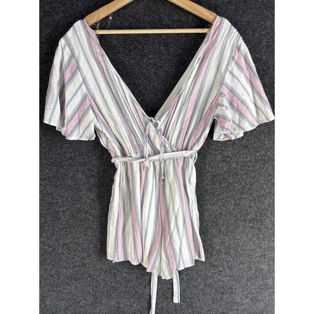 Unbranded Jumpsuit Women S Small White Striped V-Neck Short Sleeve Belted Lined